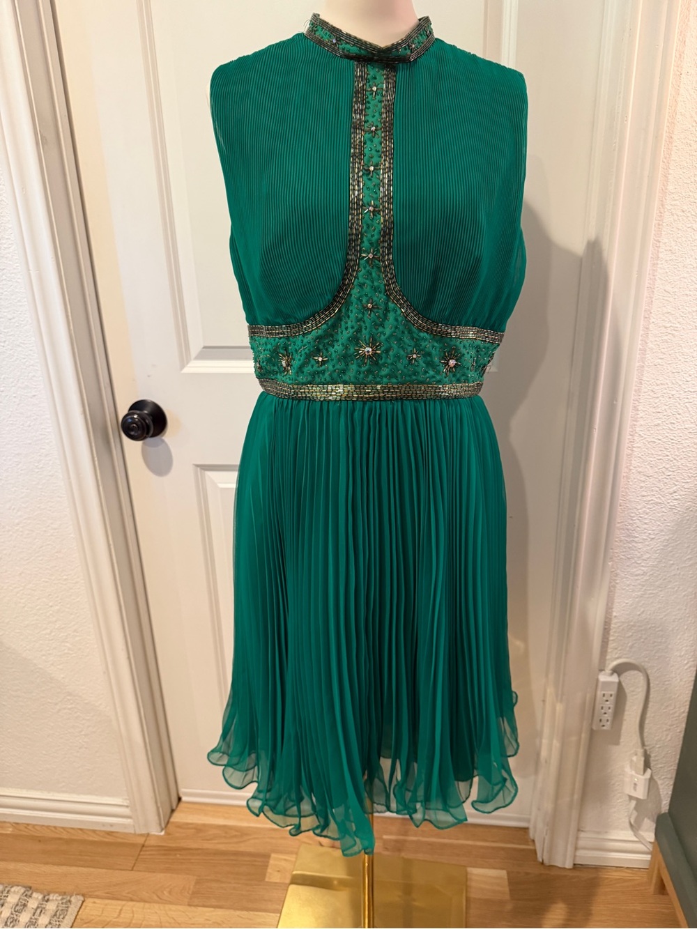 Embellished Pleated Green Cocktail Dress